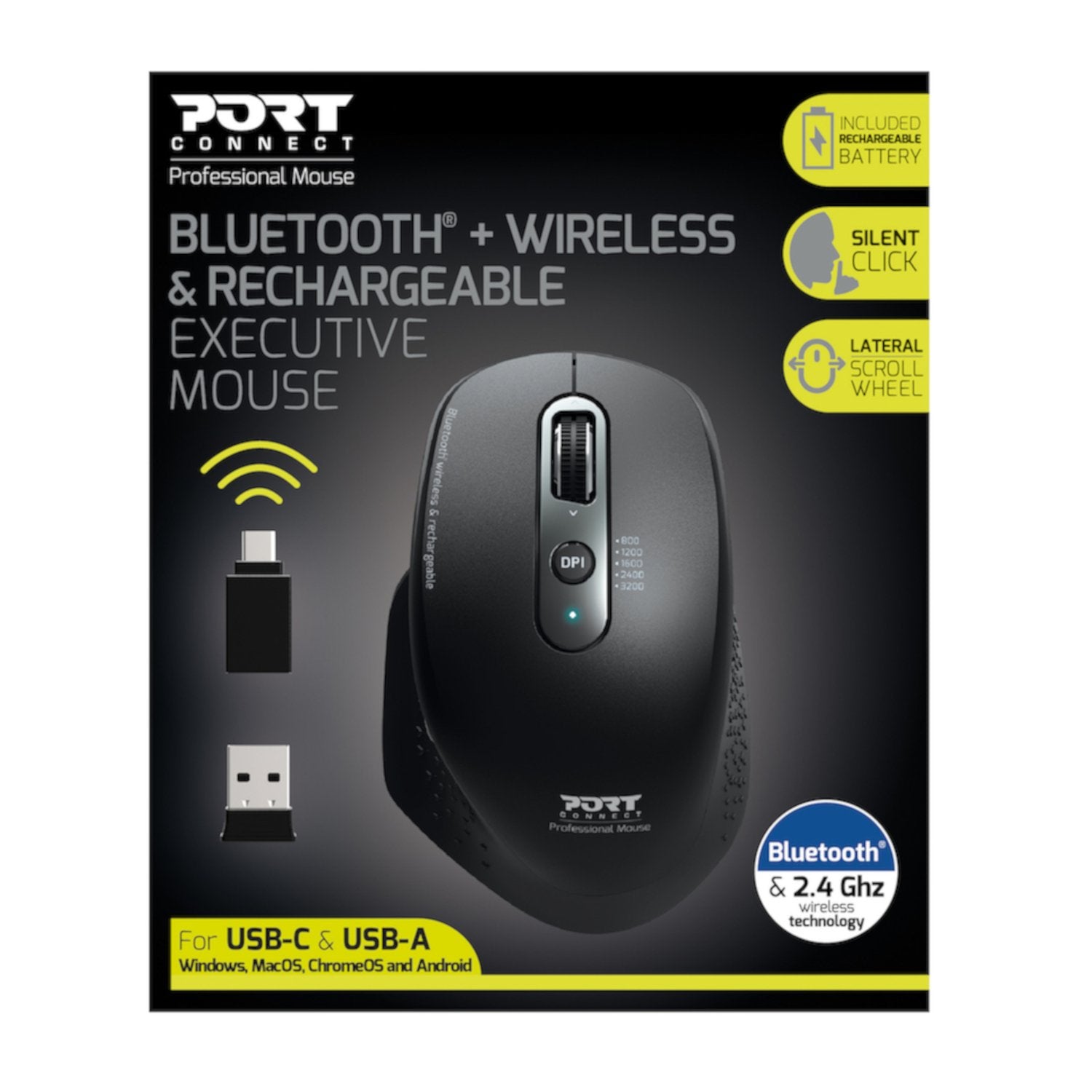 Port Connect Bluetooth Wireless and Rechargeable Executive Mouse - Black