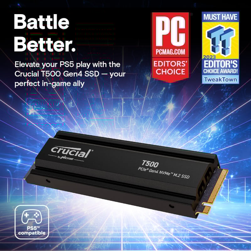 Crucial T500 2TB M.2 NVMe Gen4 with Heatsink NAND SSD