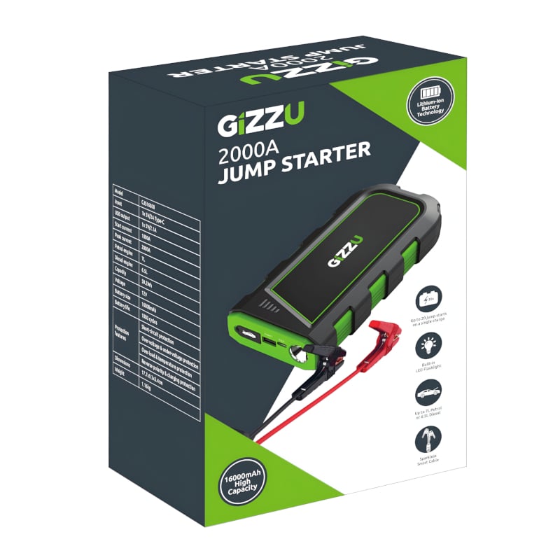 GIZZU 2000A Jump Starter 16000mAh - Black